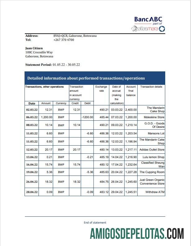 Modelo de extrato bancário ABC para impressão do Botswana Bank, formato Excel e PDF